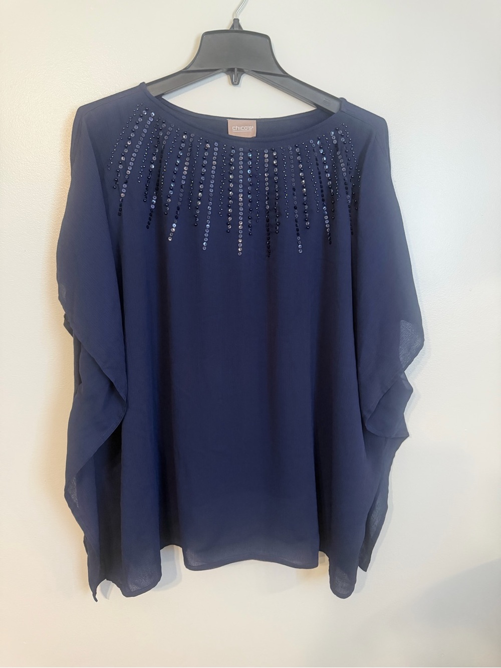 Chico's Navy Sequin Beaded Embellished Flowy Tunic butterfly sleeve size L/XL